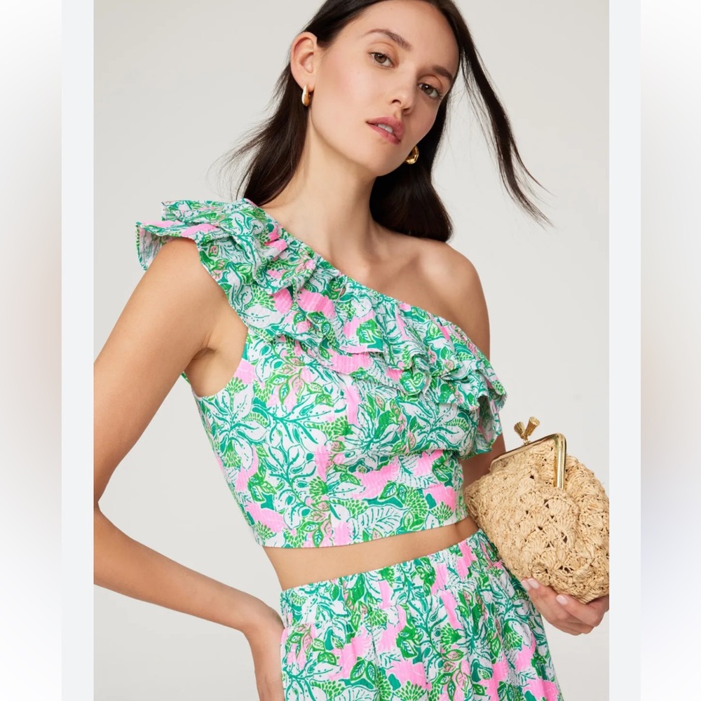 Lilly Pulitzer Kasida Pink and Green One-Shoulder Ruffle Crop Top only